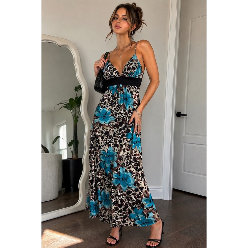 Alyn Paige Y2K Leopard Floral Maxi Dress M Turquoise Black Empire Waist